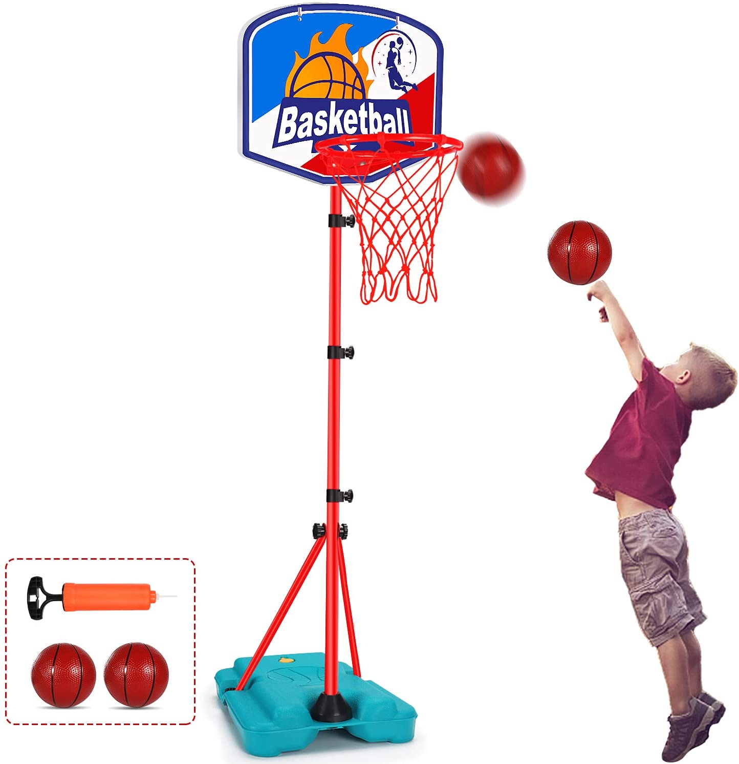 BUCHI Kids Portable Basketball Stand with 4 Hoops of Different Heights and 3 Balls Easy Score Basketball Set Indoor and Outdoor Fun Sports Toys for 1 Years Old 